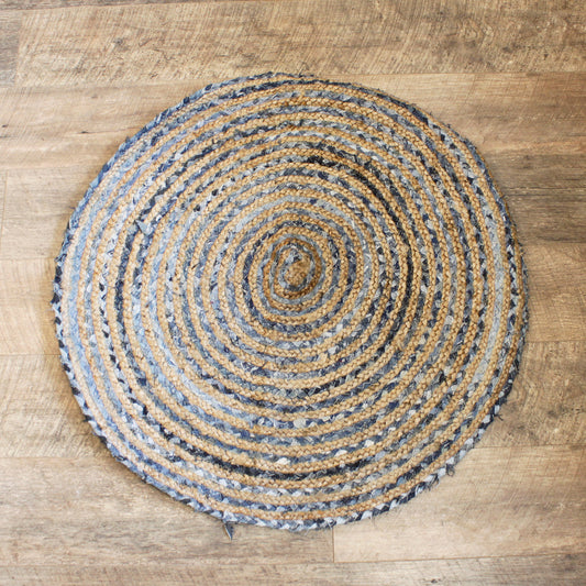 Round Jute and Recycled Denim Rug- 90 cm