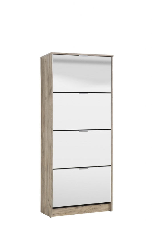 Mirrored and Oak Effect Tall 4 Drawer Shoe Cabinet