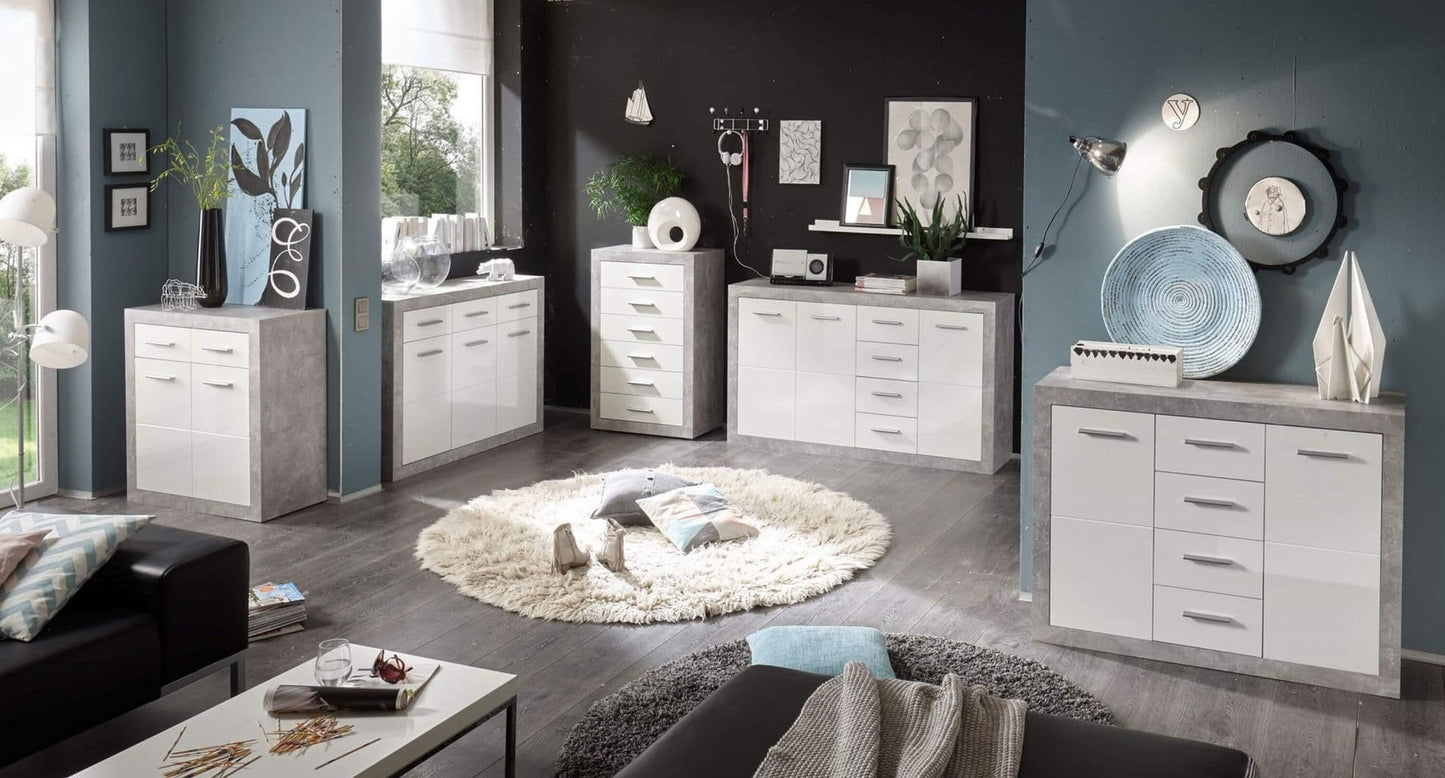 117cm Sideboard Grey and White Gloss 2 door 4 drawer