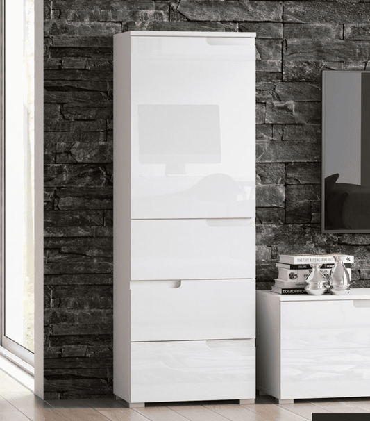White Gloss Slim Tallboy Storage Unit with Cupboard and Drawers